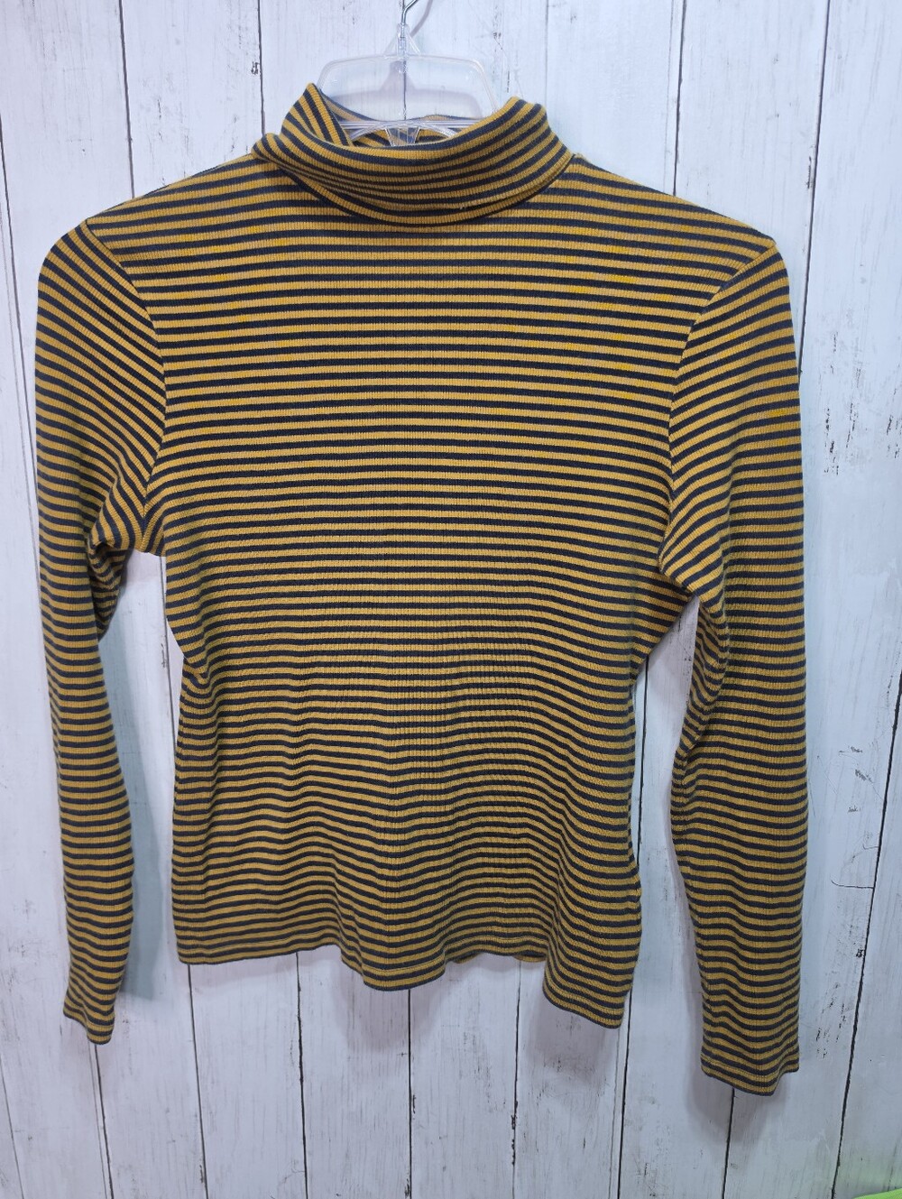 Boden Women's Blue Mustard Yellow Striped Cotton Stretch Turtleneck Size 12.